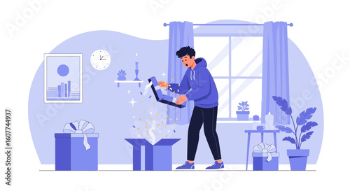Excited Man Opening Present With Surprise Sparkles And Confetti Celebration