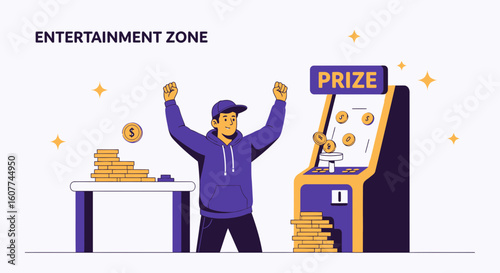Excited Man Winning Money From Prize Claw Machine In Arcade Zone