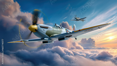 Supermarine Spitfire fighter planes flying high above the clouds at sunset.
