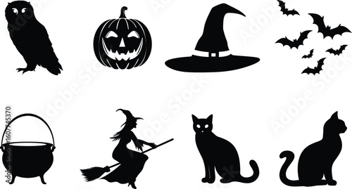 set of halloween element silhouette collection. Black and white vector editable file. pumpkin, ghost, cat, cauldron, horror house, female witch ride, owl, raven bird, skeleton, spider, witch hat