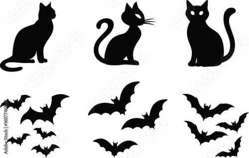 set of halloween element silhouette collection. Black and white vector editable file. pumpkin, ghost, cat, cauldron, horror house, female witch ride, owl, raven bird, skeleton, spider, witch hat