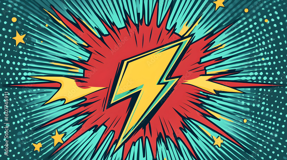 Fototapeta premium Illustration of a yellow lightning bolt in a red and teal comic book explosion.