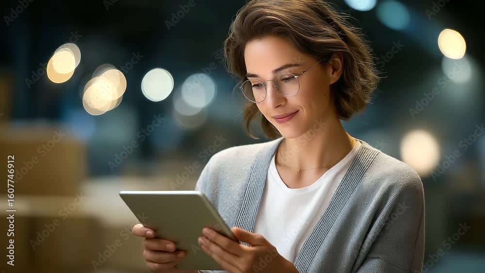 Woman checks stock on tablet for shipping logistics Woman checks stock on tablet for shipping logistics