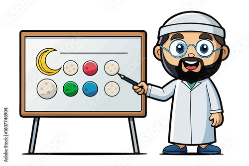 Smiling muslim teacher in traditional attire points to a chalkboard with arabic writing and an easel