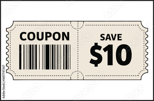 Save $10 Coupon Ticket Vector Barcode Voucher Template Perforated Discount Design