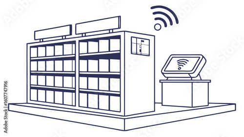 Modern Retail Automation: Smart Shelving, Self-Service Kiosk, and Wireless Connectivity Icon
