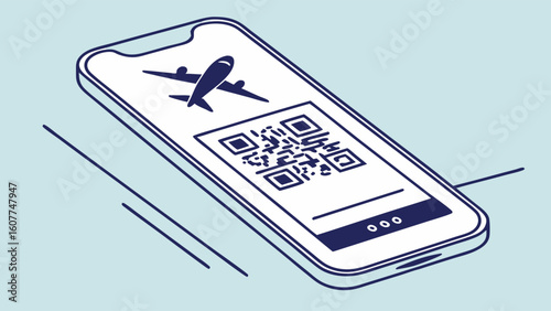 Digital Airplane Boarding Pass on Smartphone Screen with QR Code in Minimalist Line Art Illustration
