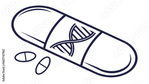 Genetic Medicine Capsule with DNA Helix Symbol and Pills - Science and Healthcare Outline Illustration