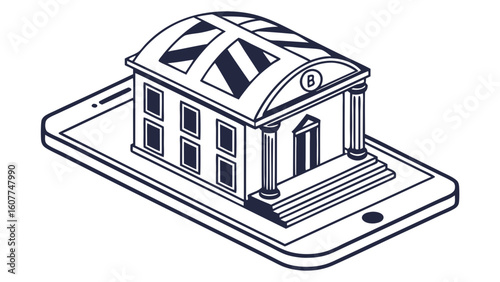 Isometric Line Art Illustration of a Bank Building on a Smartphone, Symbolizing Mobile Banking, Digital Finance, and Fintech Innovation