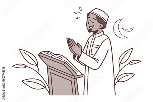 A muslim woman wearing a hijab and glasses holds a tablet looking thoughtfully towards a sign labeled hadith