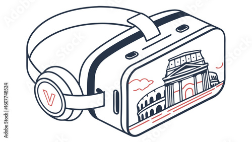 Virtual Reality Headset Displaying Iconic Roman Architecture for Immersive Digital Travel Experience - Outline Illustration