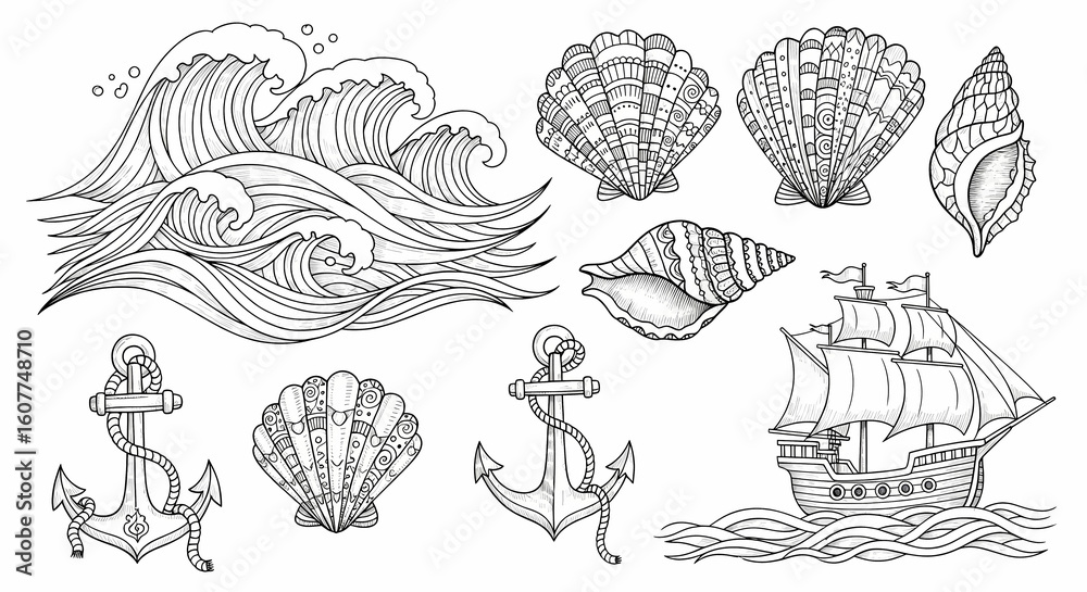 Playful hand-drawn ocean and marine life illustrations. Doodle art of waves, seashells, anchors, and pirate ships. Nautical ink sketch style