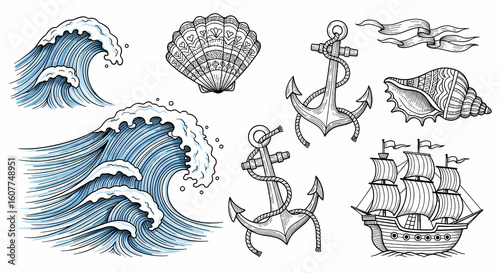 Playful hand-drawn ocean and marine life illustrations. Doodle art of waves, seashells, anchors, and pirate ships. Nautical ink sketch style