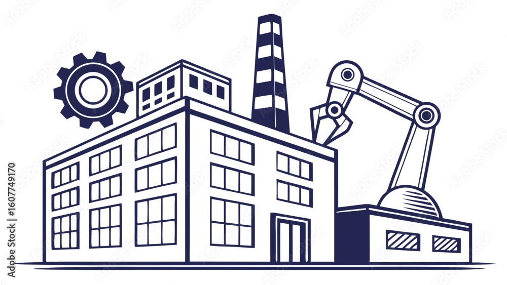 Obraz premium Modern Industrial Factory Building with Robotic Arm and Gear Icon - Manufacturing Automation Concept Line Art