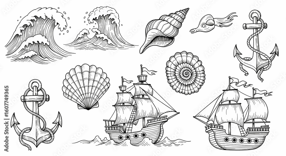 Fototapeta premium Playful hand-drawn ocean and marine life illustrations. Doodle art of waves, seashells, anchors, and pirate ships. Nautical ink sketch style