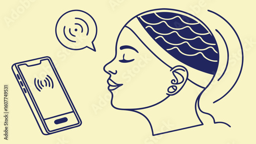 Mindful Digital Connection: Line Art Illustration of Serene Person Absorbing Audio or Information from Smartphone, Symbolizing Focus, Calm, and Bra...