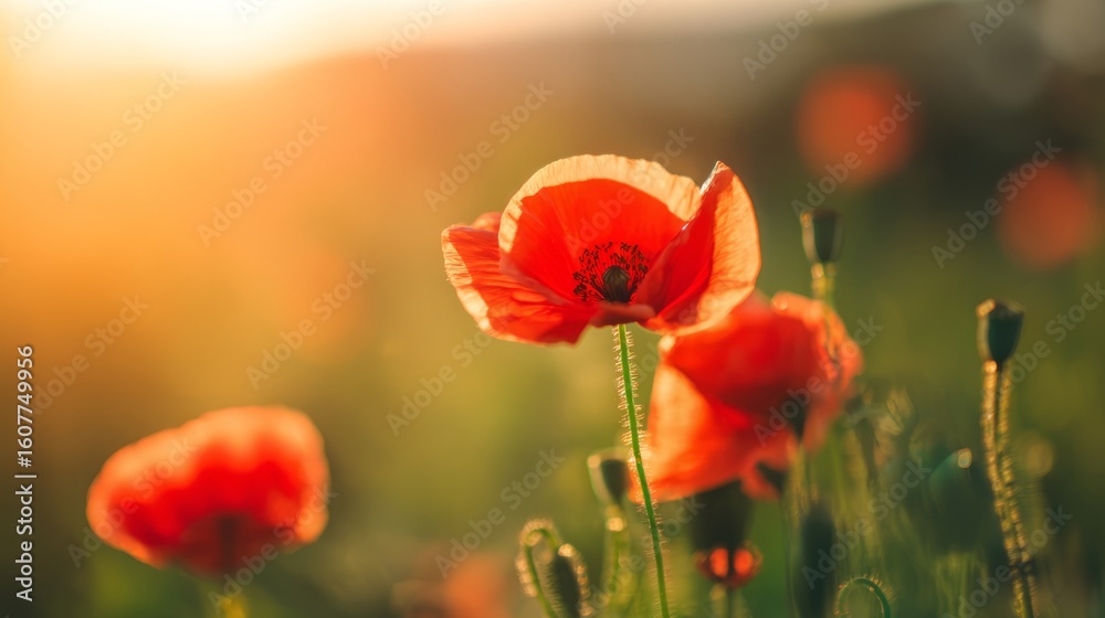 Fototapeta premium A vibrant red poppy bathed in golden sunset light, symbolizing remembrance and beauty. 