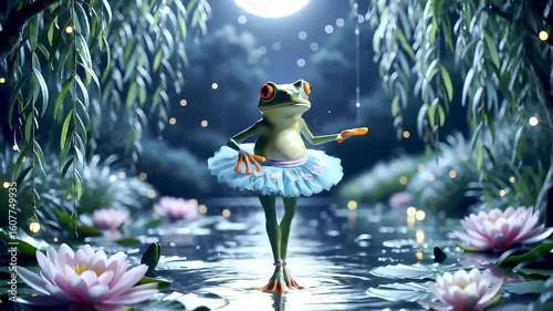 A frog dance in a tutu stands in a pond with lily pads under a glowing moon, surrounded by weeping willow branches.