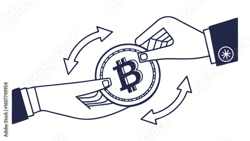 Digital Currency Exchange Icon: Hands Transferring Bitcoin Coin in a Circular Financial Transaction
