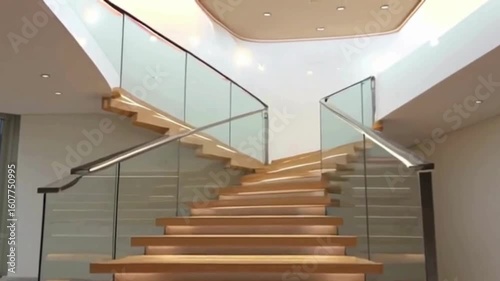 Walking up an elegant wooden staircase with glass railings, a modern architectural masterpiece showcasing luxurious design and inviting you upwards