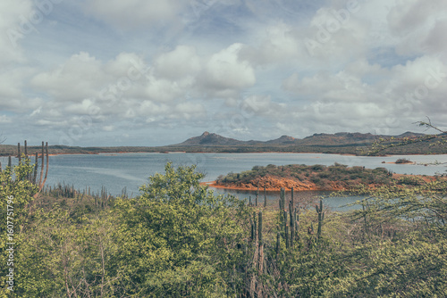 Lake and mountain landscape on Bonaire in the Caribbean