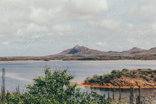 Lake and mountain landscape on Bonaire in the Caribbean