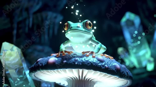 A green tree frog sits atop a glowing mushroom in a magical, crystal-filled cave.