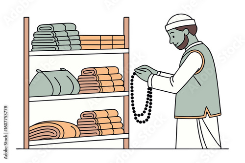 Animated muslim man wearing a kufi holds a microphone ready to speak
