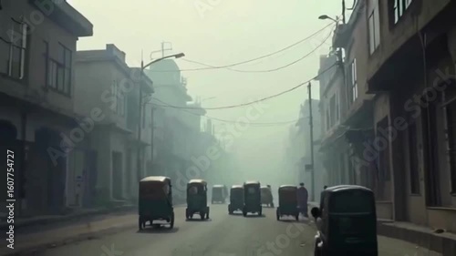 Experience the bustling streets of India with vibrant auto rickshaws navigating through the city in this authentic urban scene