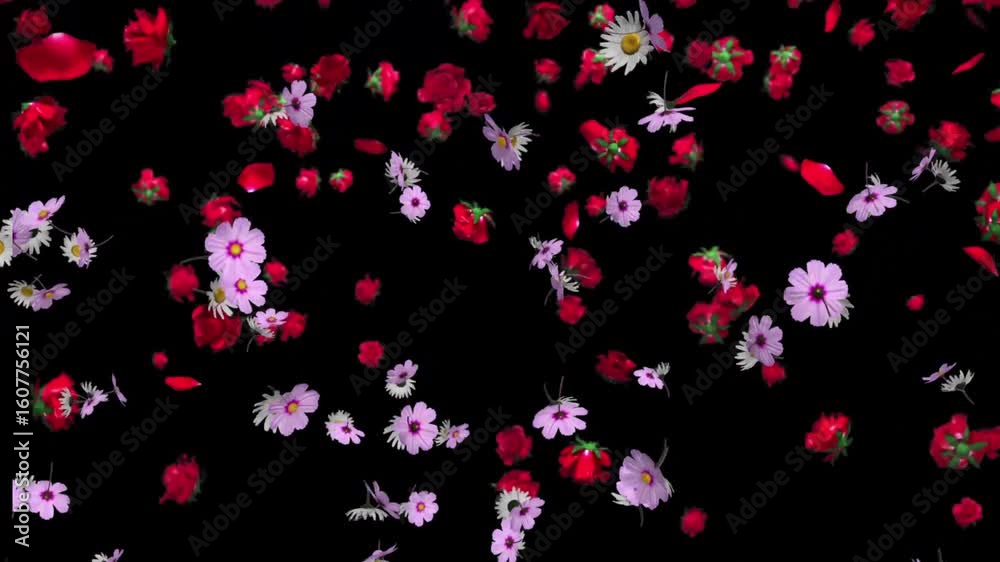 4k Autumn red flower transition. Red flowers are floating and swaying in the wind on a black background, 3d leaf falling rendering on alpha channel clip, alpha matte, easy to remove background 4k Autumn red flower transition. Red flowers are floating and swaying in the wind on a black background, 3d leaf falling rendering on alpha channel clip, alpha matte, easy to remove background