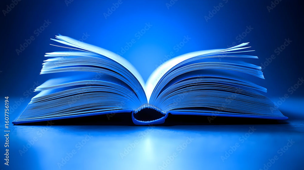 Naklejka premium Open book on a blue surface, illuminated from below.