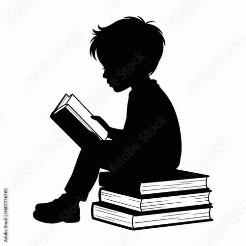 Child Reading Silhouette on Stacked Books