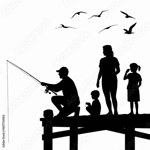 Fishing Family Silhouette on Pier with Birds