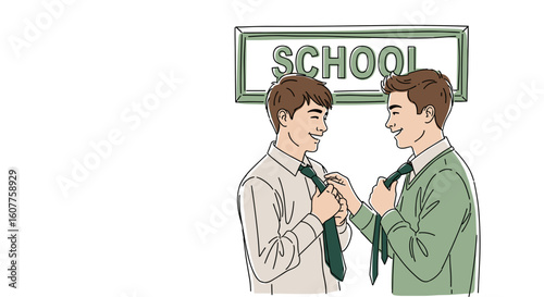 New school uniform shown with two students adjusting ties. New school uniform is fresh and smart, presented with a bright school sign and clean shirts, ready for back to school.