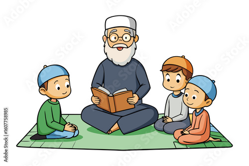 Friendly cartoon imam wearing a white taqiyah and holding a holy book smiling warmly