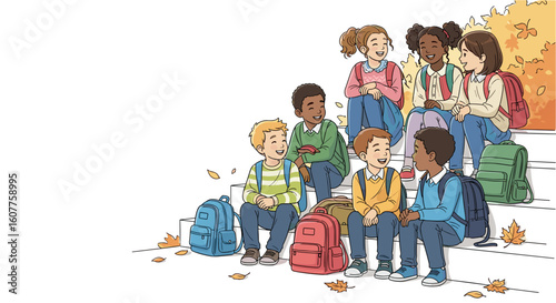 Multicultural schoolchildren group are sitting together on steps, talking, and enjoying day outdoors. Multicultural schoolchildren group with backpacks share stories and experiences.
