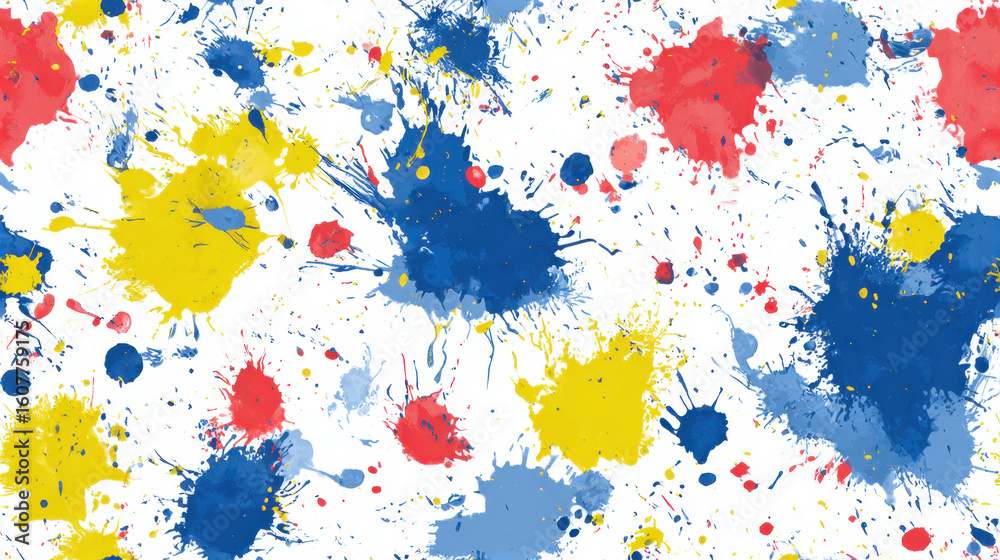 Fototapeta premium Abstract Paint Splatter in Splatter Technique in Primary Colors for Creative Textiles [with copy space]
