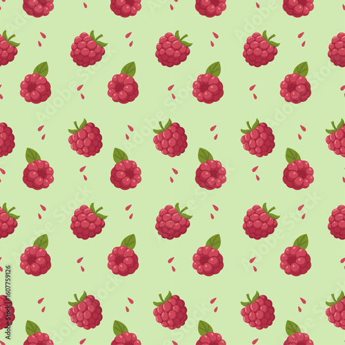 Seamless raspberry pattern with green background and bright summer fruit style for fabric and packaging