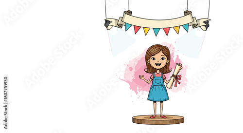Kid holding certificate on wooden stage under banner and spotlights. Young girl shows certificate after graduation. Kid holding certificate is great idea for educational resources on day of knowledge.