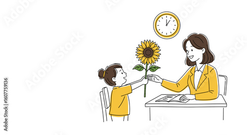 Kid giving teacher flowers as student hands teacher flowers, a bright sunflower in classroom. Day of knowledge occasion features young child offering bloom, while instructor sits at desk with papers.