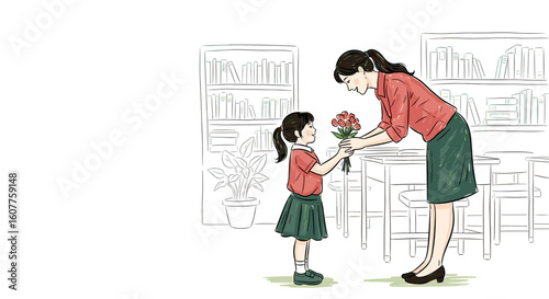 Kid giving teacher flowers in classroom with bookshelves, illustration showing schoolgirl holding flowers. Schoolgirl giving teacher flowers, a sign of gratitude and respect.