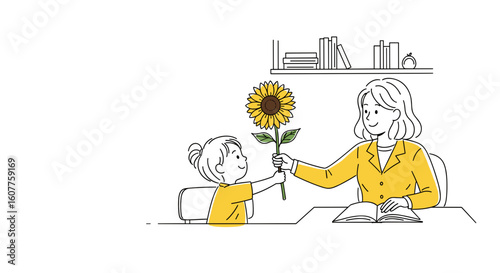 Kid giving teacher flowers in classroom, with a bright sunflower as appreciation for knowledge and education. Kid giving teacher flowers as symbol of gratitude during day of knowledge,
