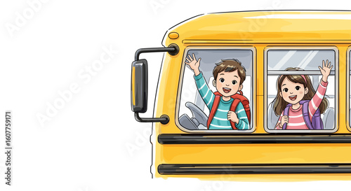 Children waving goodbye from a yellow school bus, cheerfully saying farewell as they depart. Children waving goodbye marks end of day, backpacks visible, showcasing their anticipation and joy,