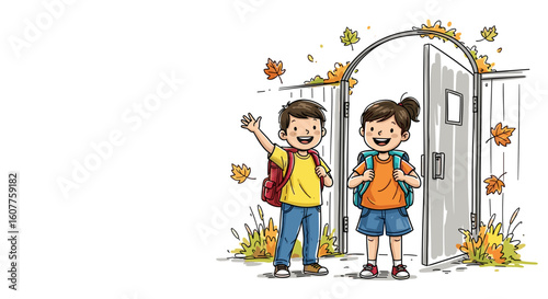 Children waving goodbye at school gate, wearing backpacks and ready for study. Children waving goodbye cheerfully as autumn leaves fall, embodying excitement and anticipation.