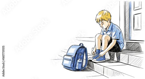School shoes being tied by a young boy of eleven, getting ready for the day of knowledge, ready to learn. School shoes secured, this illustration presents a child with blond hair,