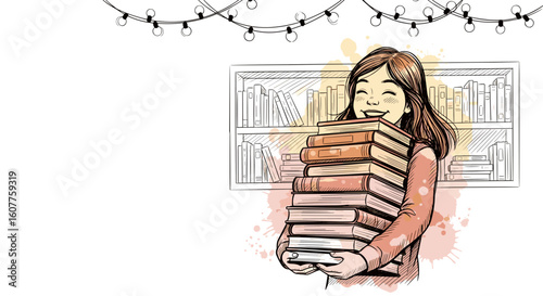 Illustrated book fair at school with happy girl carrying pile of books. Book fair at school includes bookshelf with colorful books and lights. This scene suggests book fair at school event,