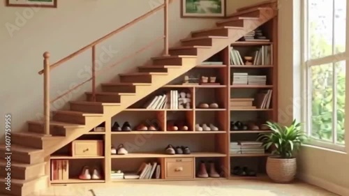 Creative stair storage unit design, maximizing space with built-in shelving for stylish home organization and minimalist interior living solutions
