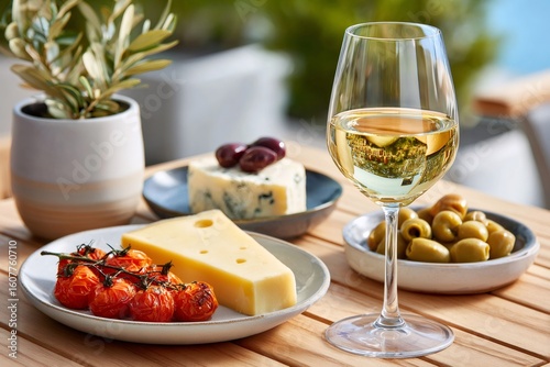Glass of white wine accompanying cheese, olives, and roasted tomatoes on a wooden table