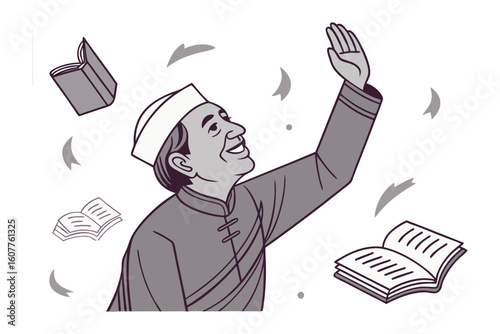 Muslim cleric delivers speech at podium with mosque and minaret in the background