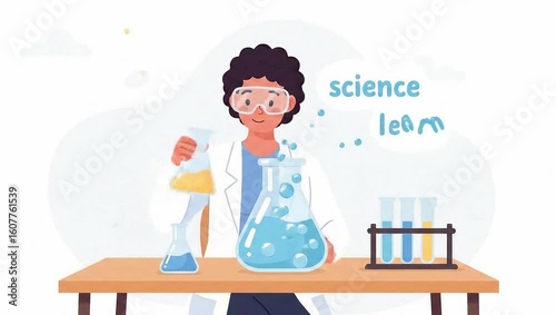 Animated scientist performing experiment with kinetic labels in educational explainer 2D video